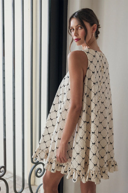 White Bow Checker Pearled Buttons Back Ruffled Sleeveless Mini Dress Dear-Lover Dropshipping
