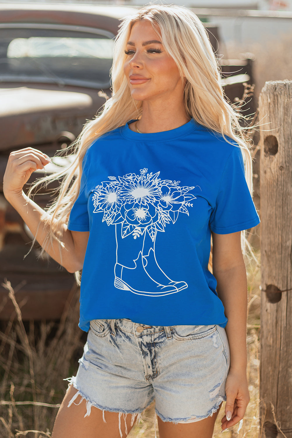 Blue Sunflower Boots Graphic Western Fashion T Shirt Daisie Boutique