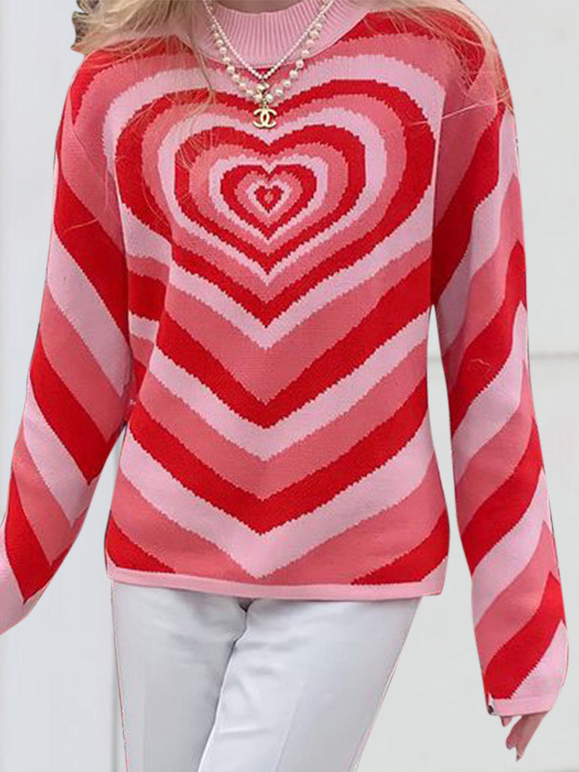 Heart Mock Neck Long Sleeve Sweater Trendsi