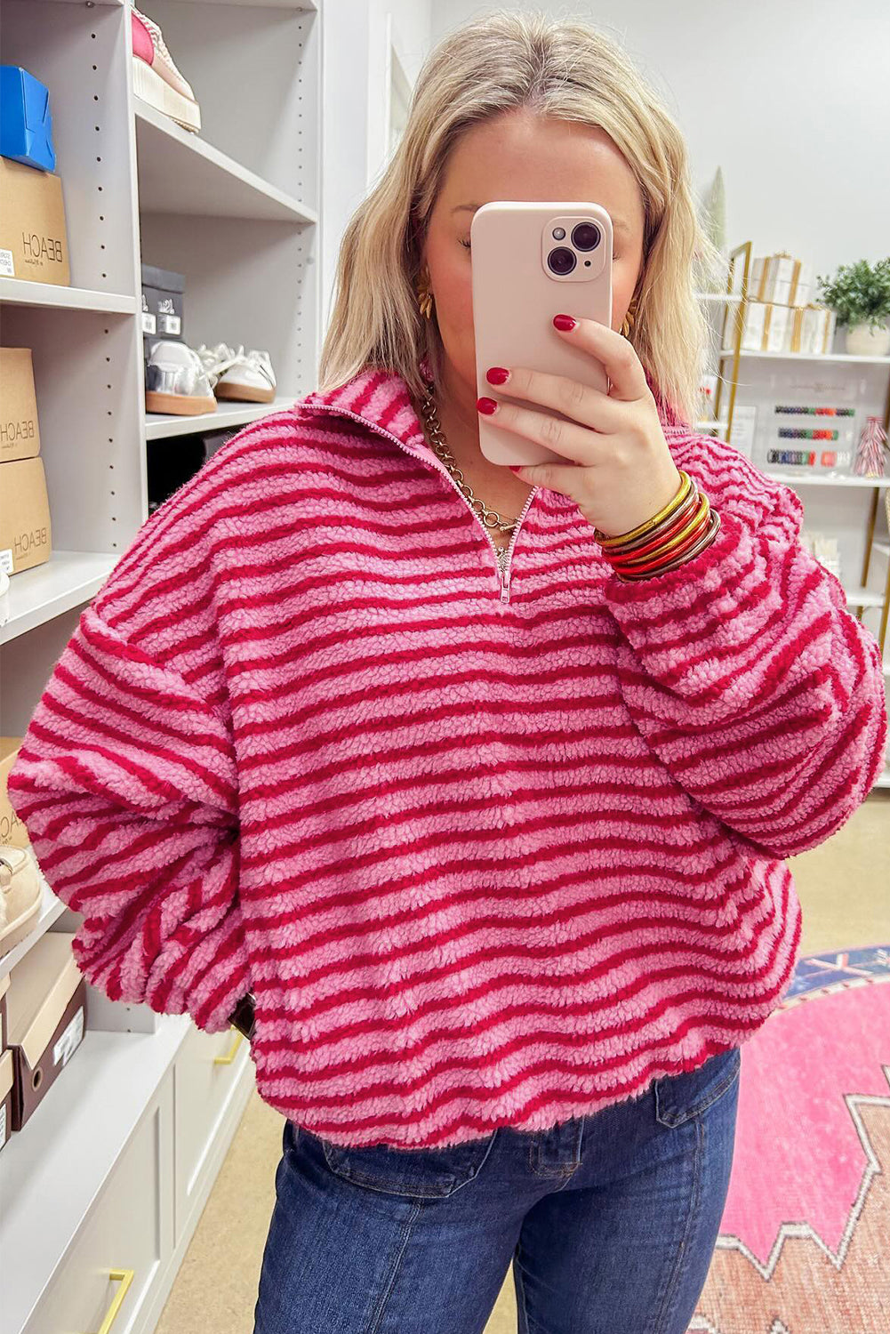 Pink Stripe Quarter Zip Fleece Oversize Sweatshirt Dear-Lover Dropshipping
