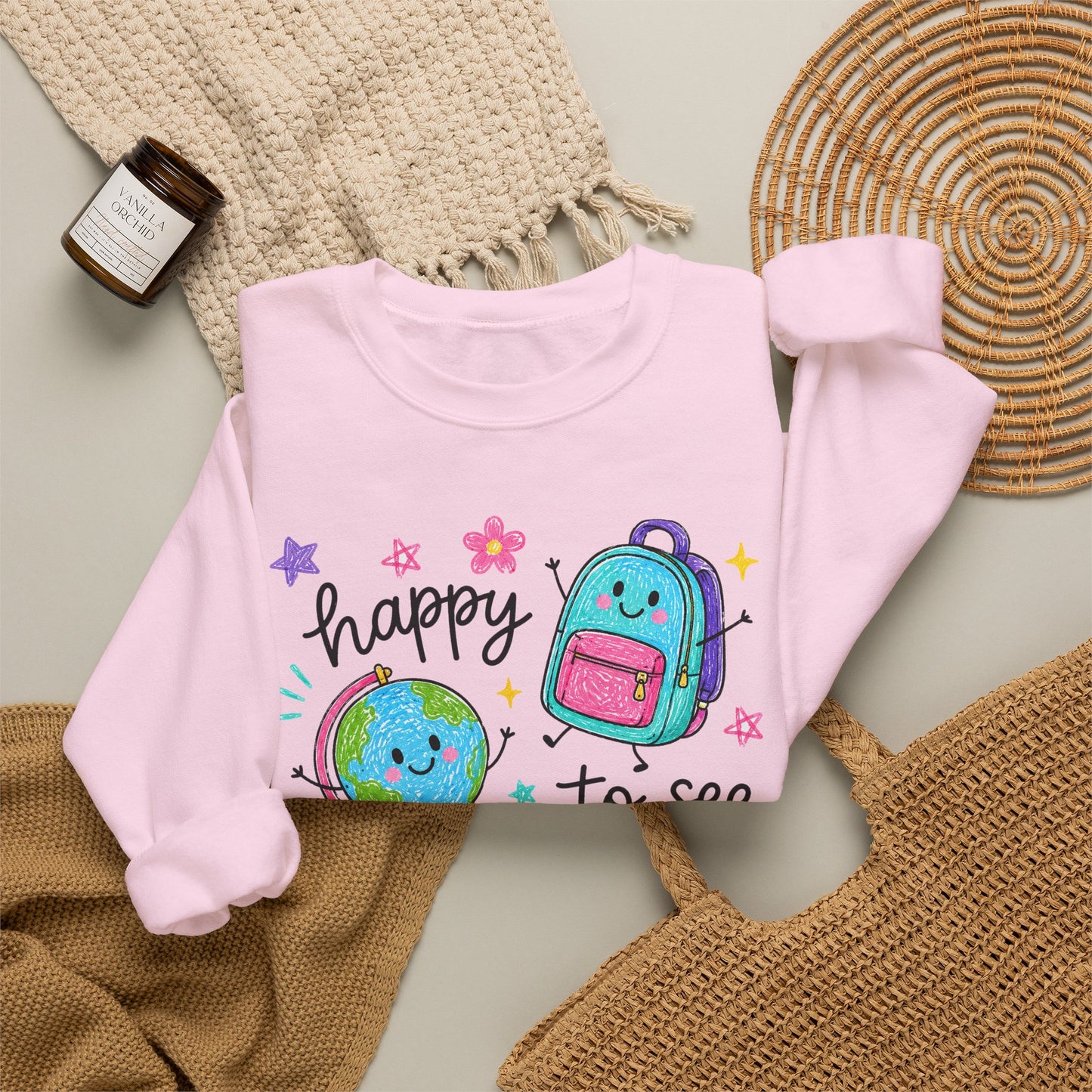 "Happy to See Your Face" Cute Kawaii School Icons Crewneck Sweatshirt