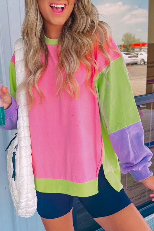 Pink Colorblock Exposed Seam Crewneck Casual Sweatshirt Daisie Boutique