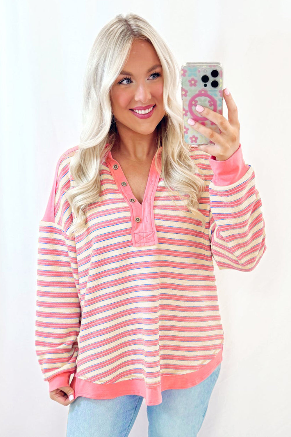 Stripe Buttoned V Neck Collared Top Daisie Boutique