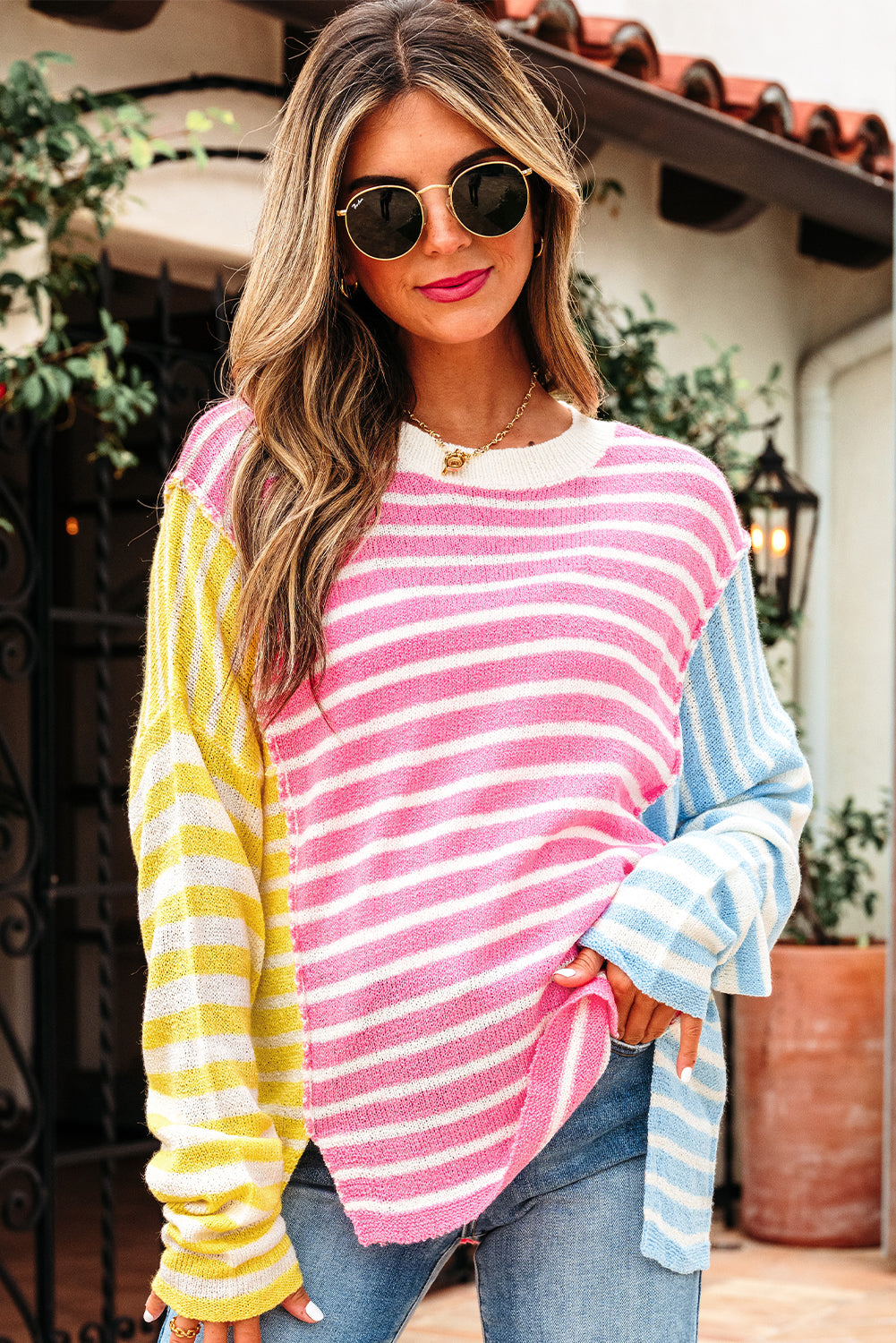 Multicolour Color Block Striped Patchwork Sweater Daisie Boutique