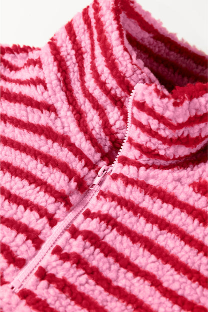 Pink Stripe Quarter Zip Fleece Oversize Sweatshirt Dear-Lover Dropshipping