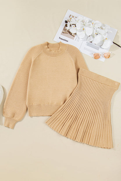 Smoke Gray High Neck Puff Sleeve Sweater Pleated Mini Skirt 2pcs Knitted Outfit Dear-Lover Dropshipping