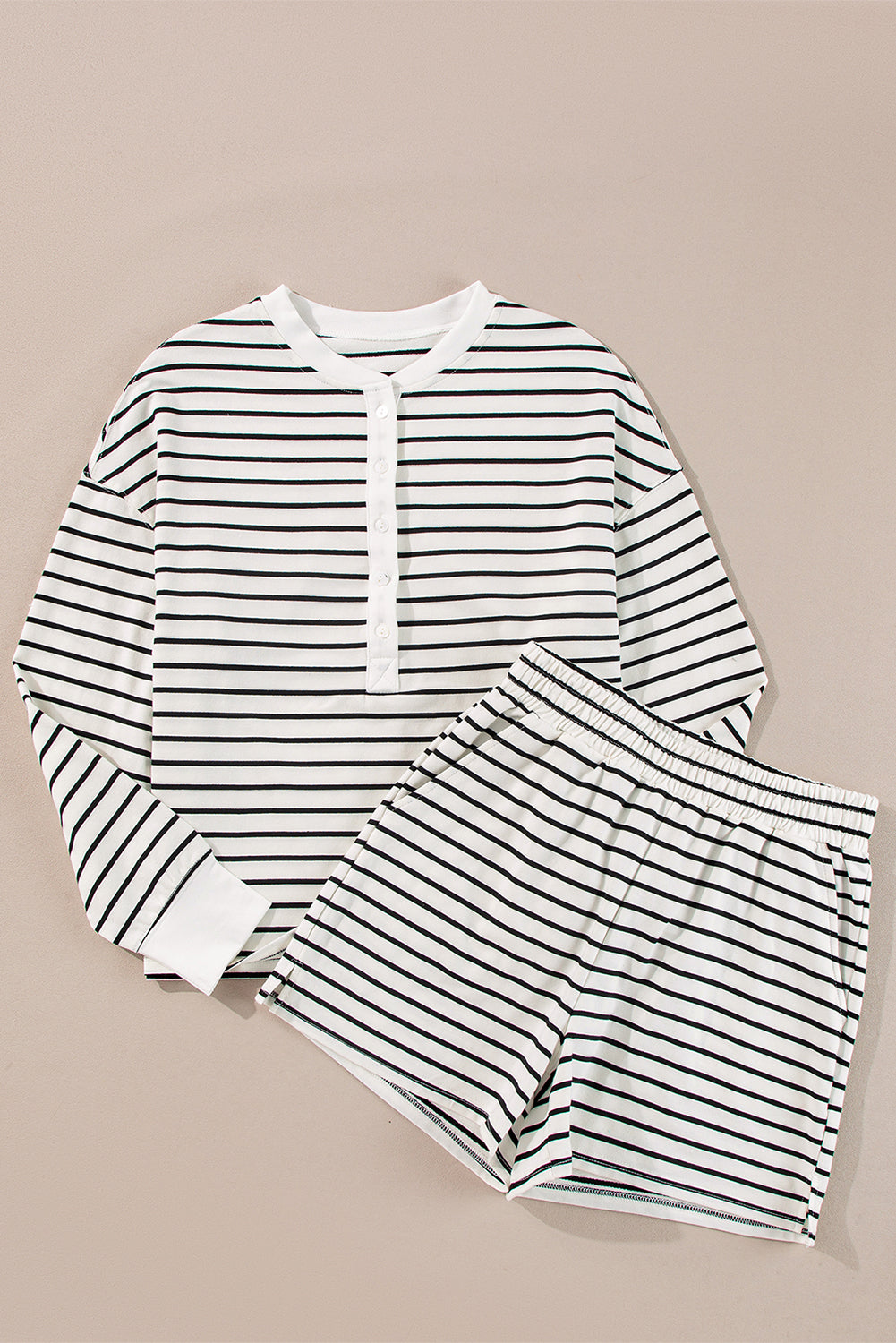 Black white Striped Half Button Long Sleeve Top and Shorts Set Daisie Boutique