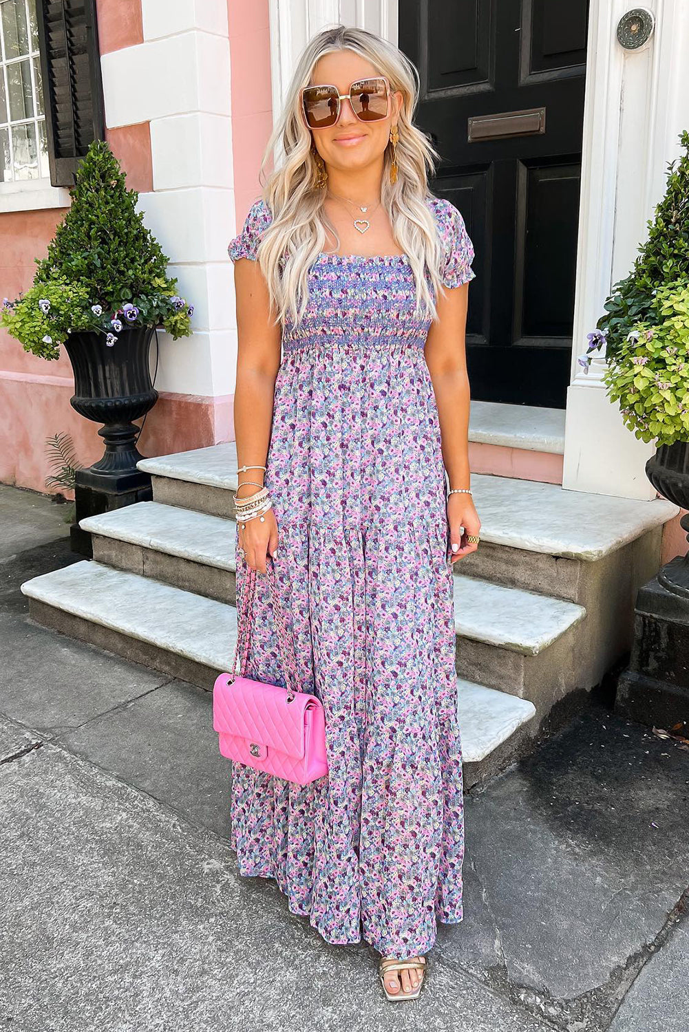 Purple Floral Short Bubble Sleeve Shirred High Waist Maxi Dress Daisie Boutique