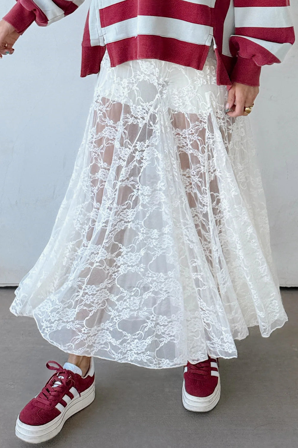 White Sheer Lace Flowy Maxi Skirt