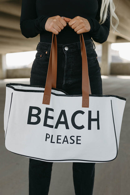 BEACH PLEASE Print Large Canvas Tote Bag - White Daisie Boutique