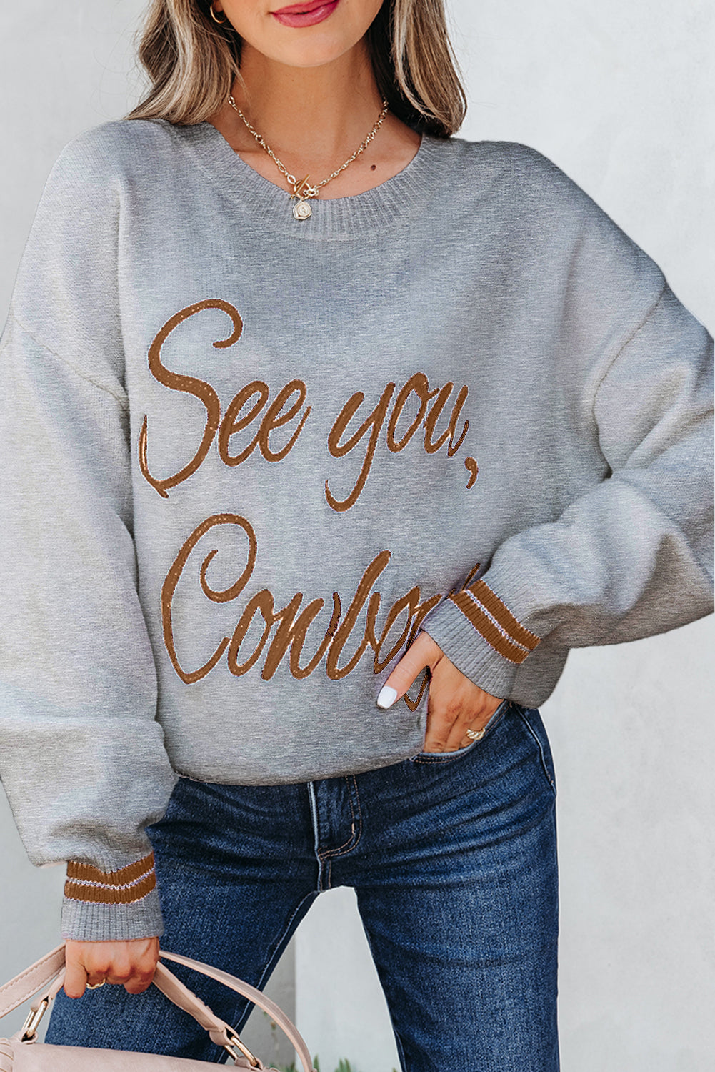 See You Cowboy Embroidered Graphic Sweater Dear-Lover Dropshipping