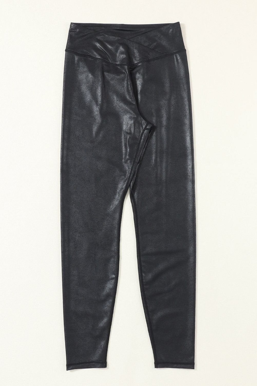 Black Crossed Dip Waist Leather Leggings