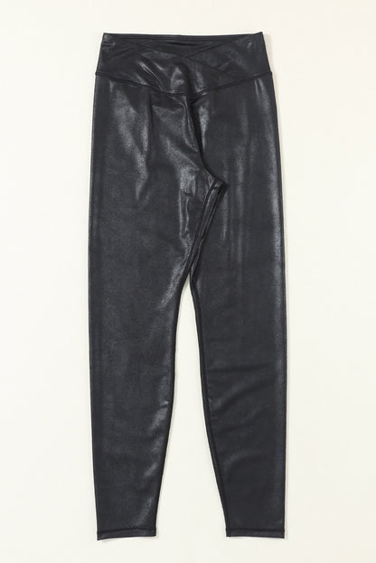 Black Crossed Dip Waist Leather Leggings