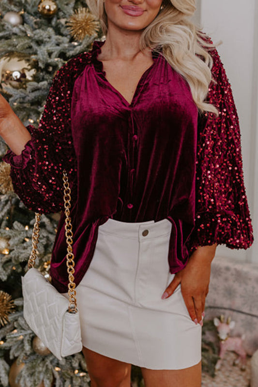 Sequin Button Up Velvet Top Daisie Boutique