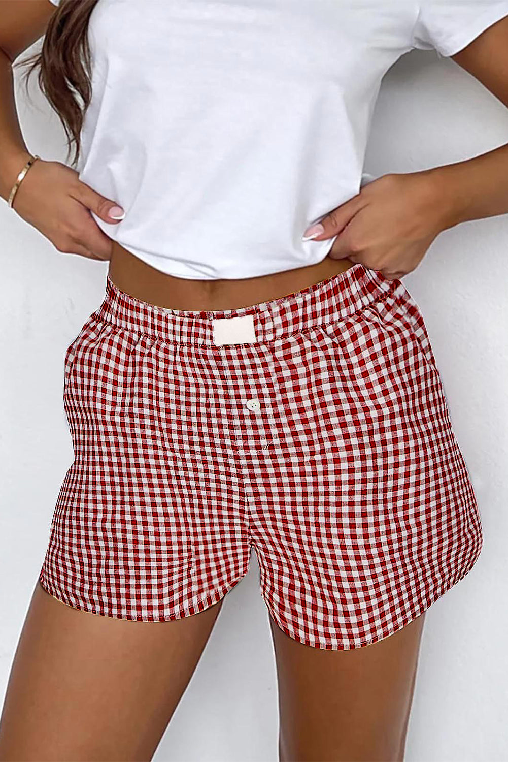 Red Plaid Gingham Printed High Waist Shorts Daisie Boutique
