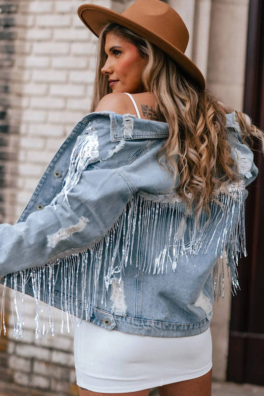 Sequin Embellished Fringe Distressed Denim Jacket Daisie Boutique