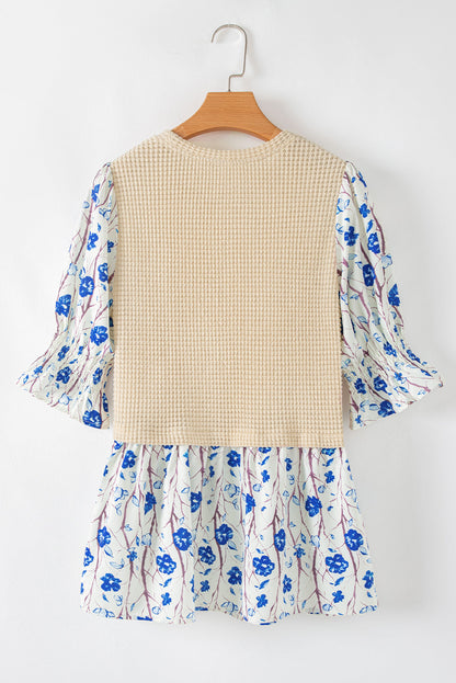 Waffle Floral Patchwork Short Flounce Sleeve Peplum Blouse Daisie Boutique
