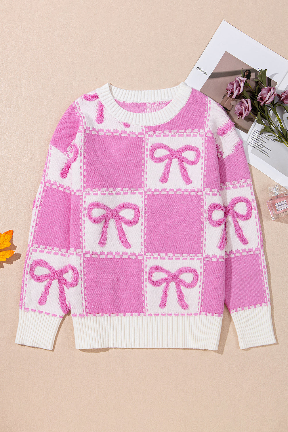 Pink Bow Knot Two Tone Checkered Crew Neck Sweater Daisie Boutique