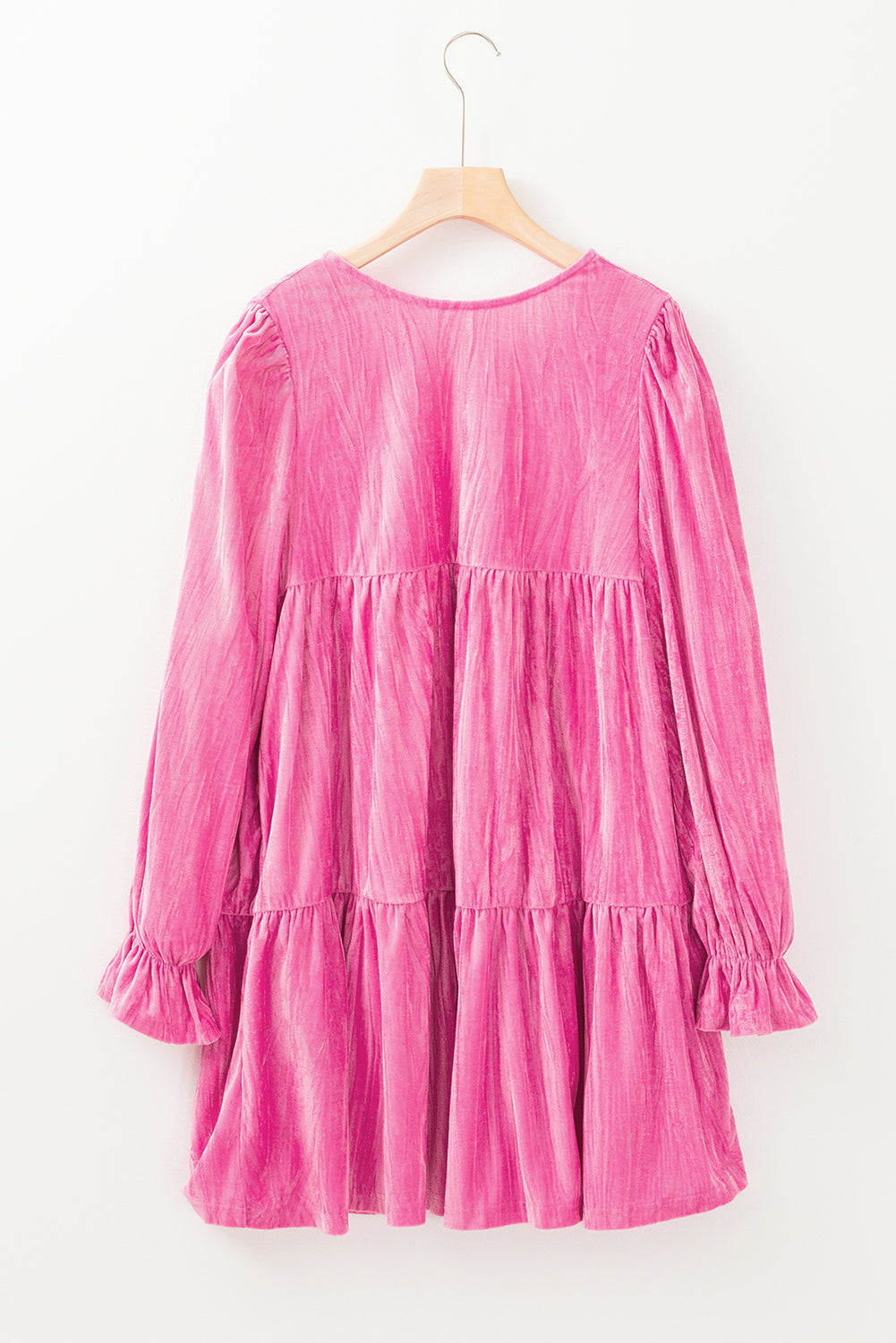 Strawberry Pink Flounce Sleeve Tiered Ruffled Velvet Mini Dress Daisie Boutique