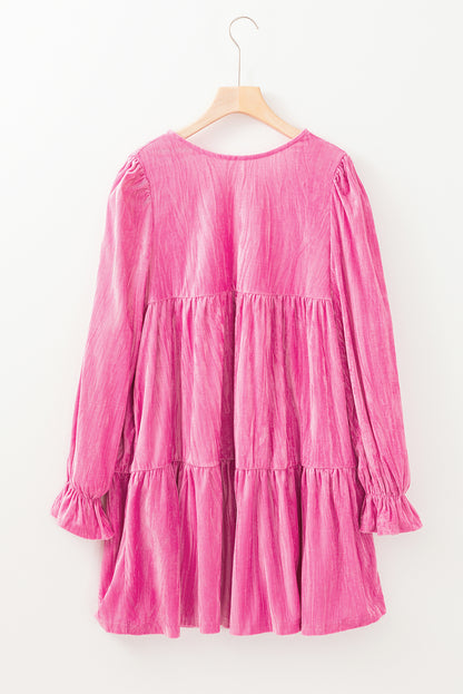 Strawberry Pink Flounce Sleeve Tiered Ruffled Velvet Mini Dress Daisie Boutique