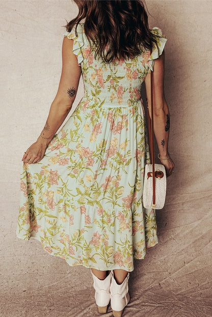 Yellow Ruffled Sleeveless Tiered Floral Maxi Dress
