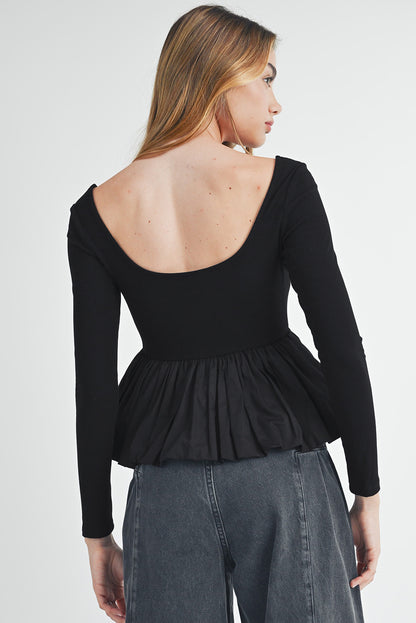 Ribbed Knit Long Sleeve Scoop Neck Peplum Top - Black Daisie Boutique