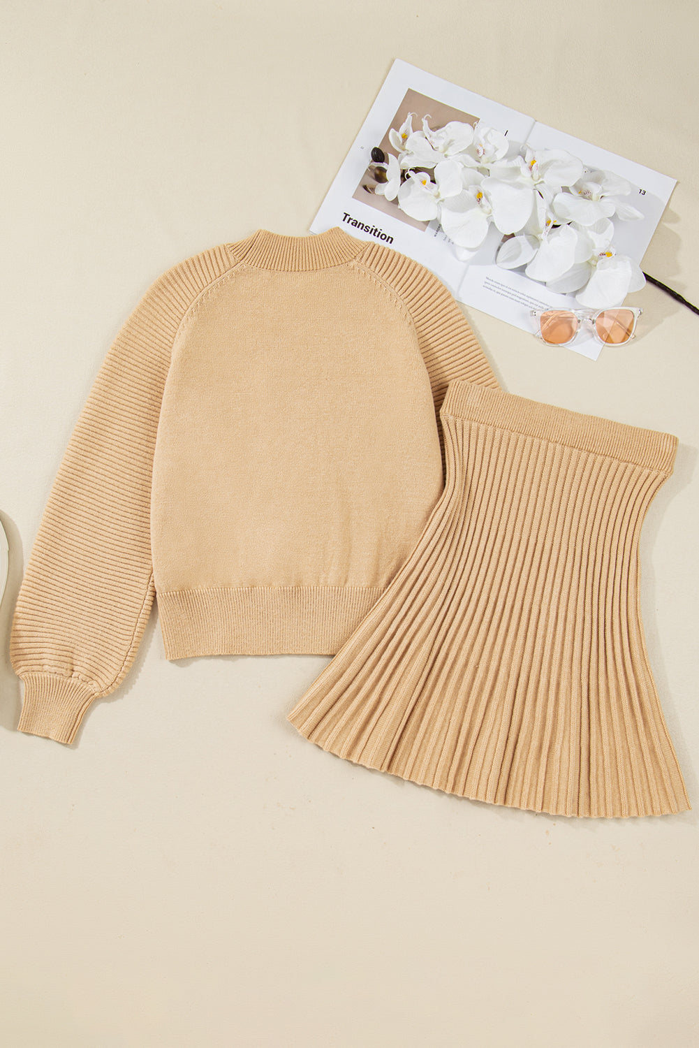 Smoke Gray High Neck Puff Sleeve Sweater Pleated Mini Skirt 2pcs Knitted Outfit Dear-Lover Dropshipping