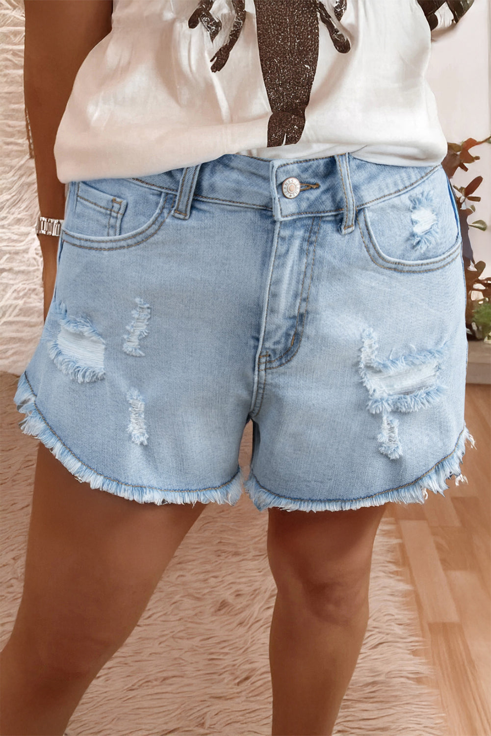 Blue High Rise Distressed Raw Hem Denim Shorts Dear-Lover Dropshipping
