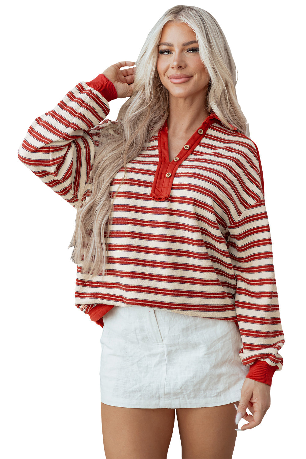 Stripe Buttoned V Neck Collared Top Daisie Boutique
