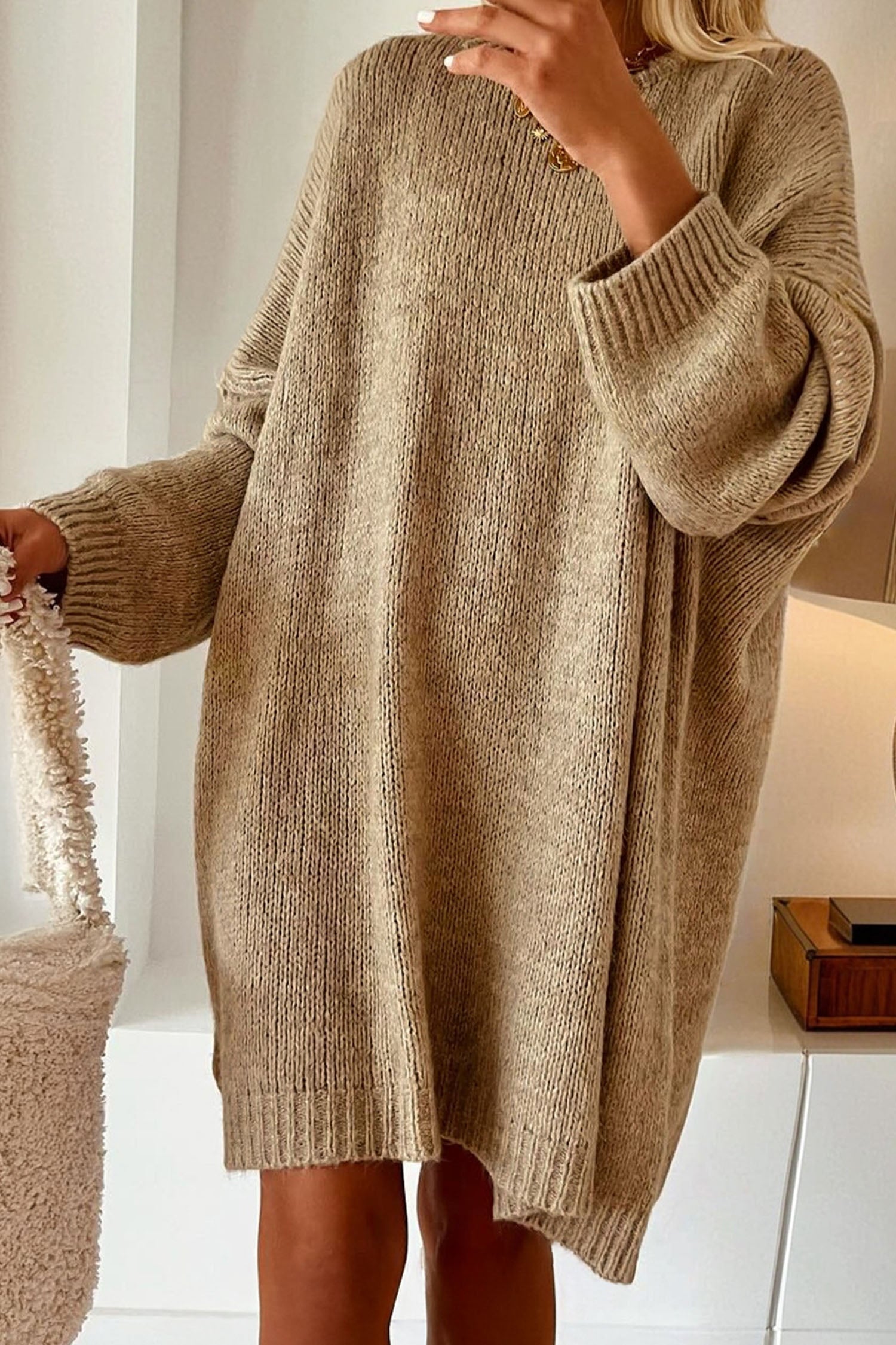 Exposed Seam Oversize Sweater Dress - Pale Khaki Dear-Lover Dropshipping