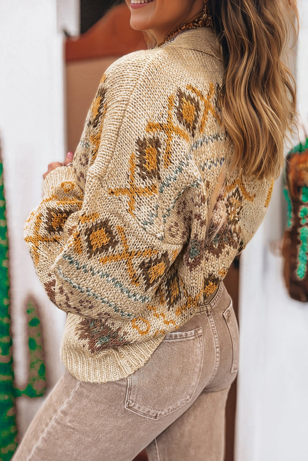 Khaki Patterned Knit Button V Neck Cardigan Sweater Dear-Lover Dropshipping
