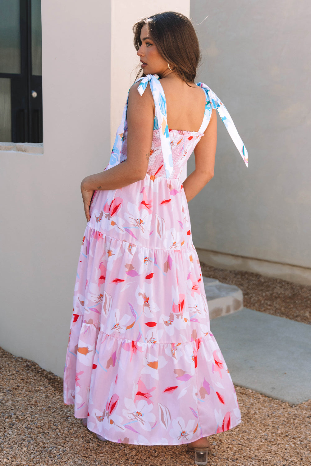 Pink Floral Print Knotted Shoulder Smocked Maxi Dress Daisie Boutique