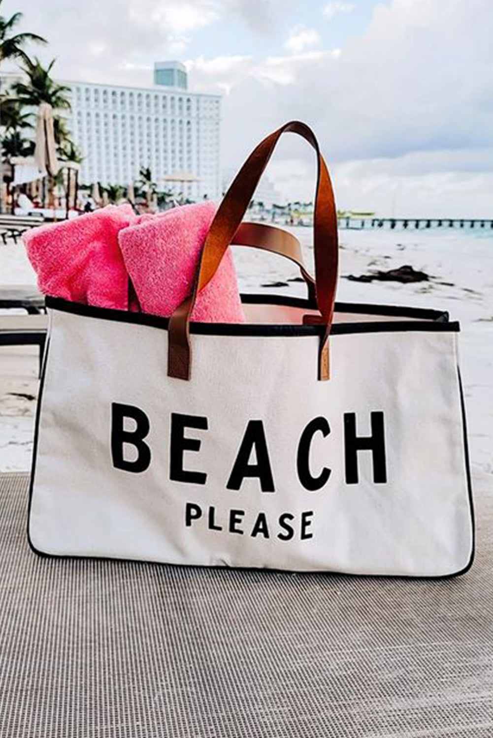 BEACH PLEASE Print Large Canvas Tote Bag - White Daisie Boutique