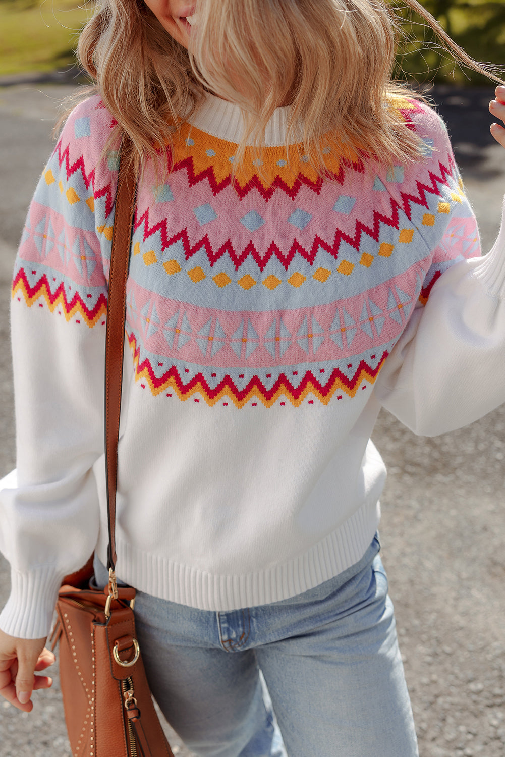White Geometric Colorblock Print Drop Shoulder Sweater Dear-Lover Dropshipping