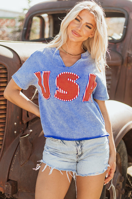 USA Patch Mineral Wash Notch V Neck Vintage Graphic T Shirt Daisie Boutique