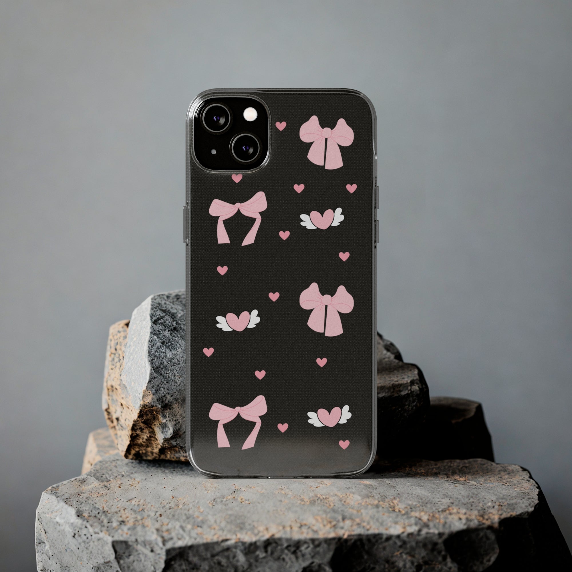 Cute Pink Bow Soft Phone Case | Stylish Heart & Wing Design