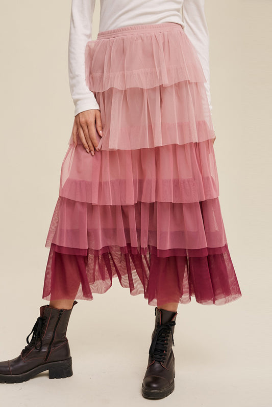 Elastic Waist Layered Tulle Midi Skirt Trendsi