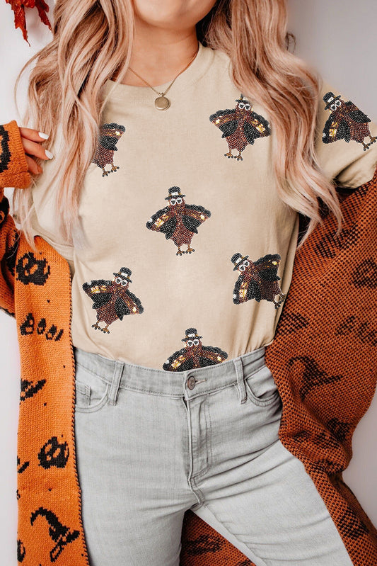 Thanksgiving Sequined Turkey Crewneck T Shirt Daisie Boutique