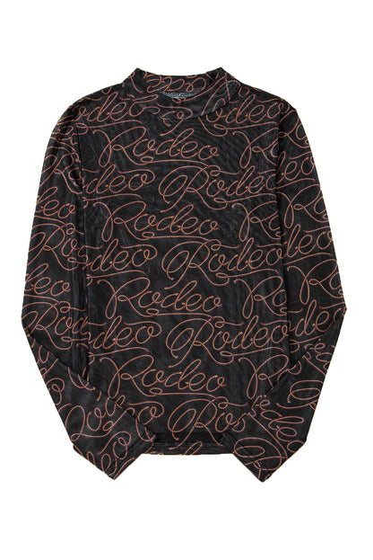 Western Rodeo Printed Mock Neck Long Sleeve Mesh Top in Black Daisie Boutique