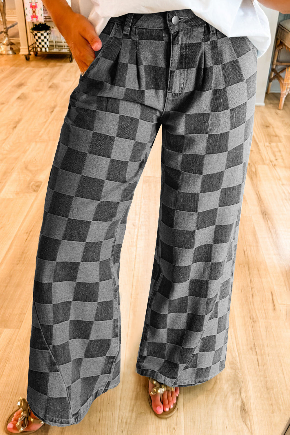 Checkered Denim Wide Leg Jeans Daisie Boutique