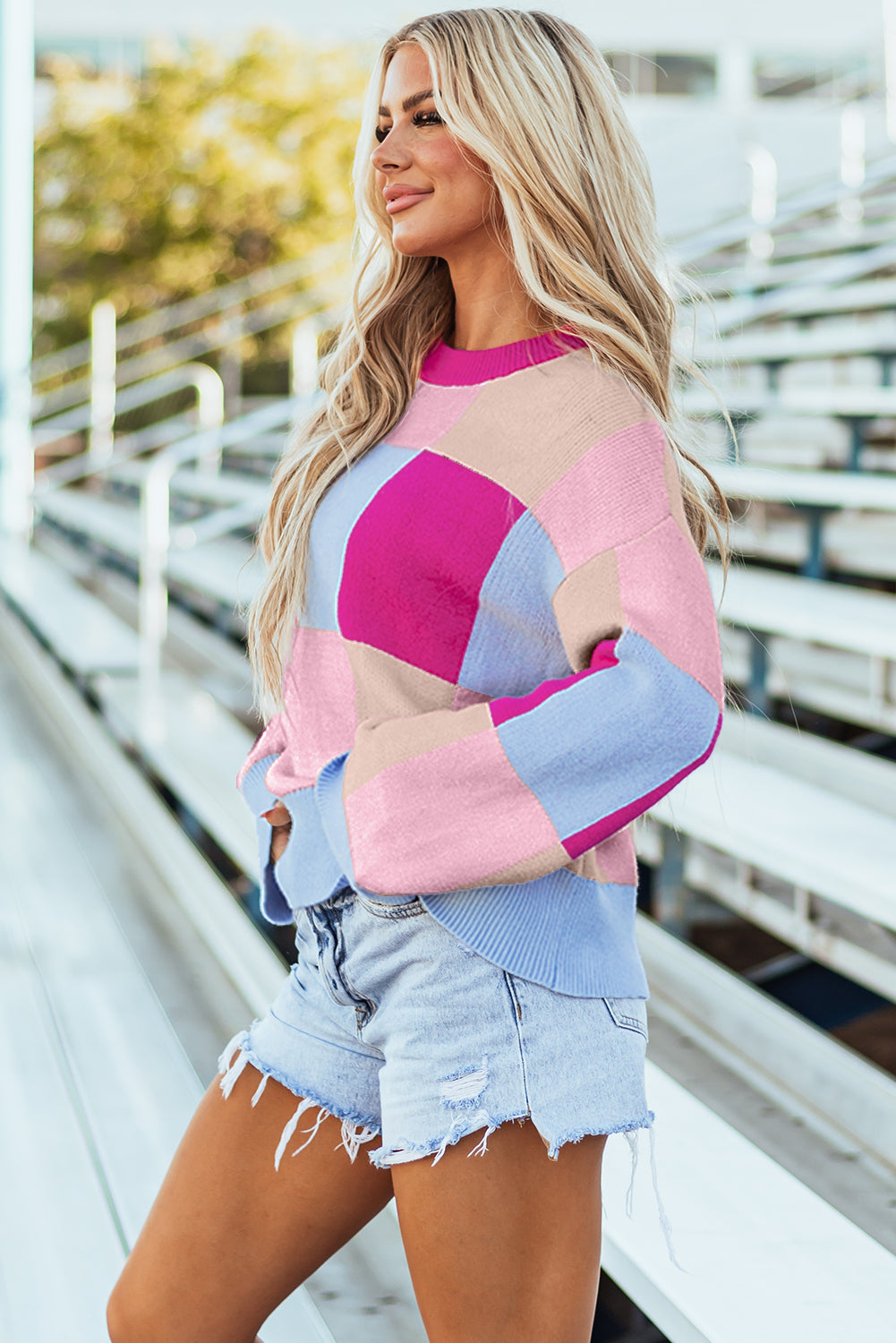 Color Block Drop Shoulder Crewneck Sweater - Rose Red Daisie Boutique