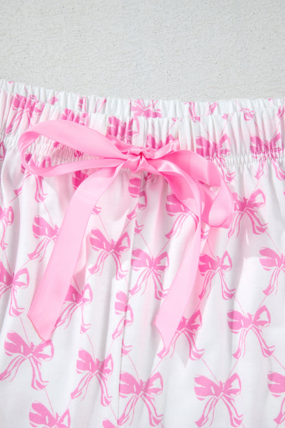 Bowknot Printed Short Sleeve and Ruffled Shorts Pajama Set - Pink