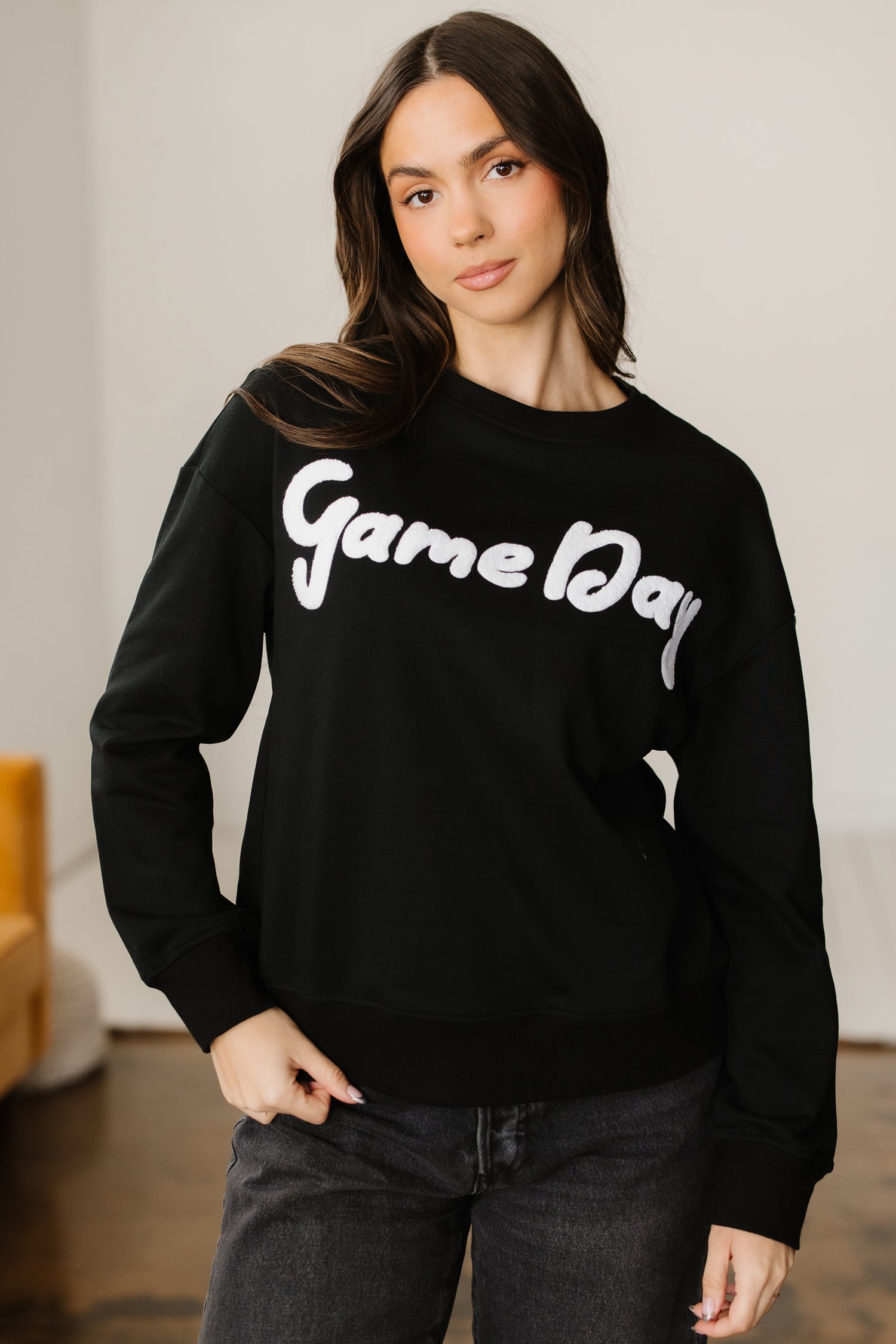 Chenille Game Day Graphic Sweatshirt - Black Dear-Lover Dropshipping
