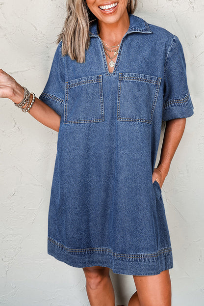 Short Sleeve Collared Pocket Denim Mini Dress Daisie Boutique