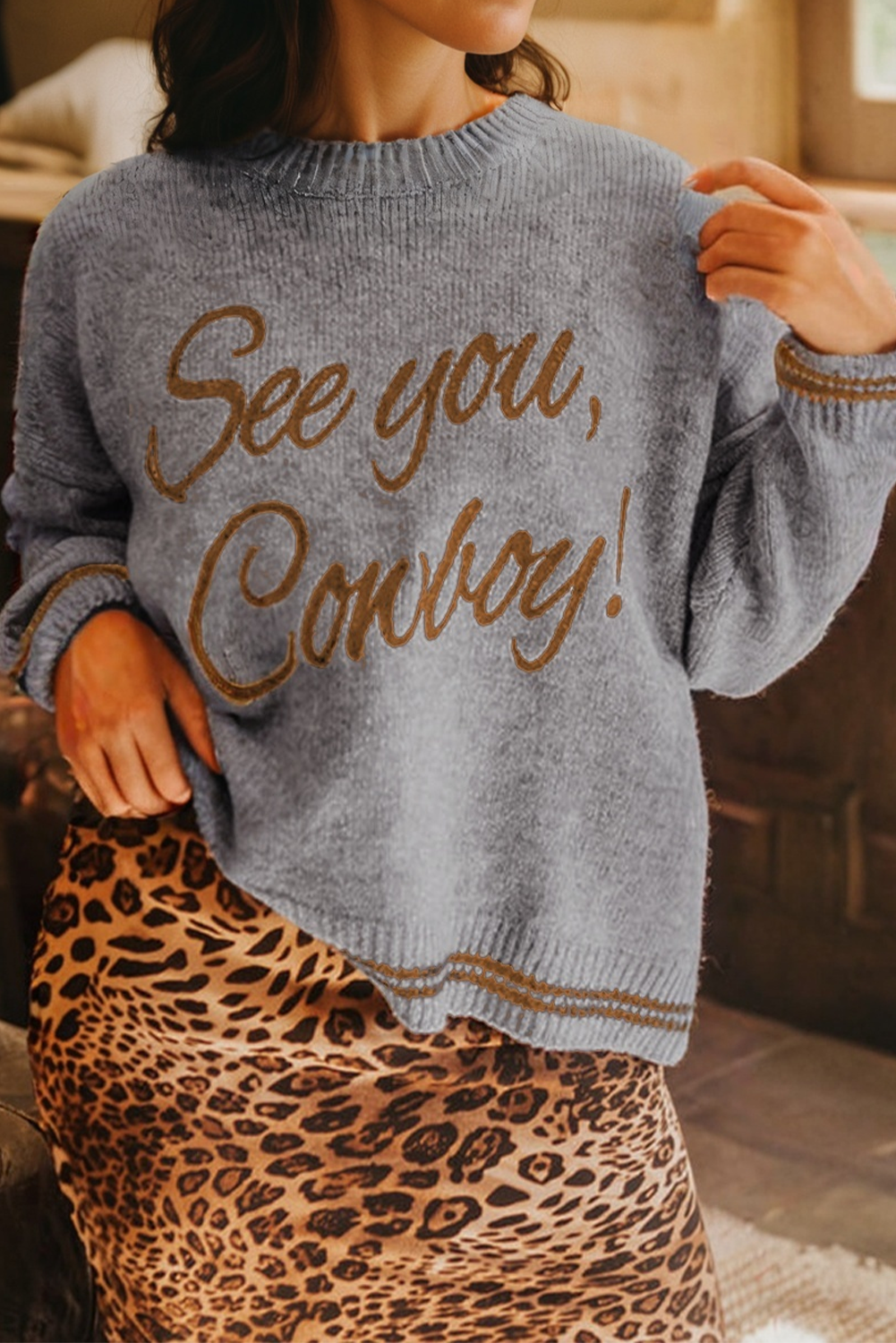 See You Cowboy Embroidered Graphic Sweater Dear-Lover Dropshipping