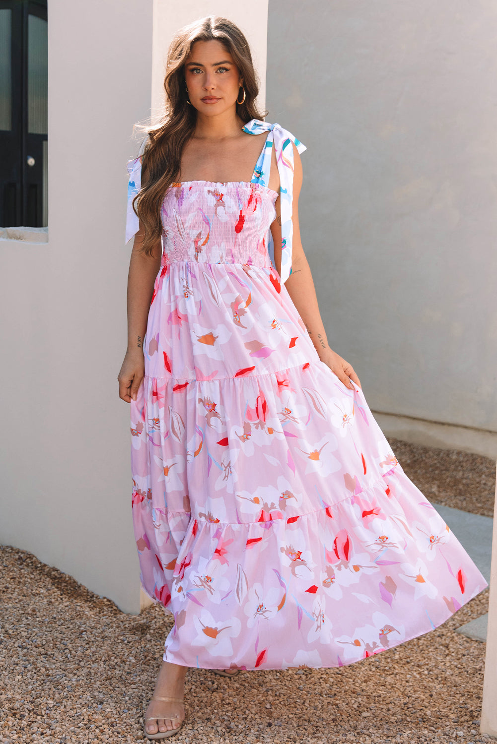 Pink Floral Print Knotted Shoulder Smocked Maxi Dress Daisie Boutique