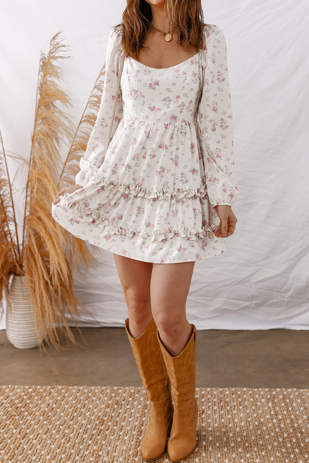 Floral Long Sleeve Ruffle Detail Flared Mini Dress