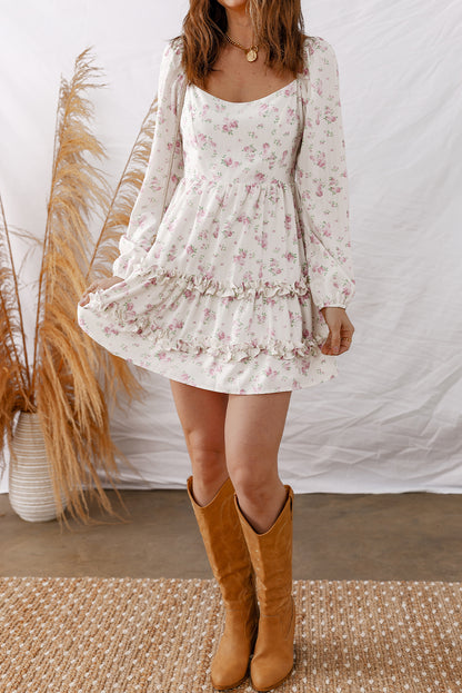 Floral Long Sleeve Ruffle Detail Flared Mini Dress