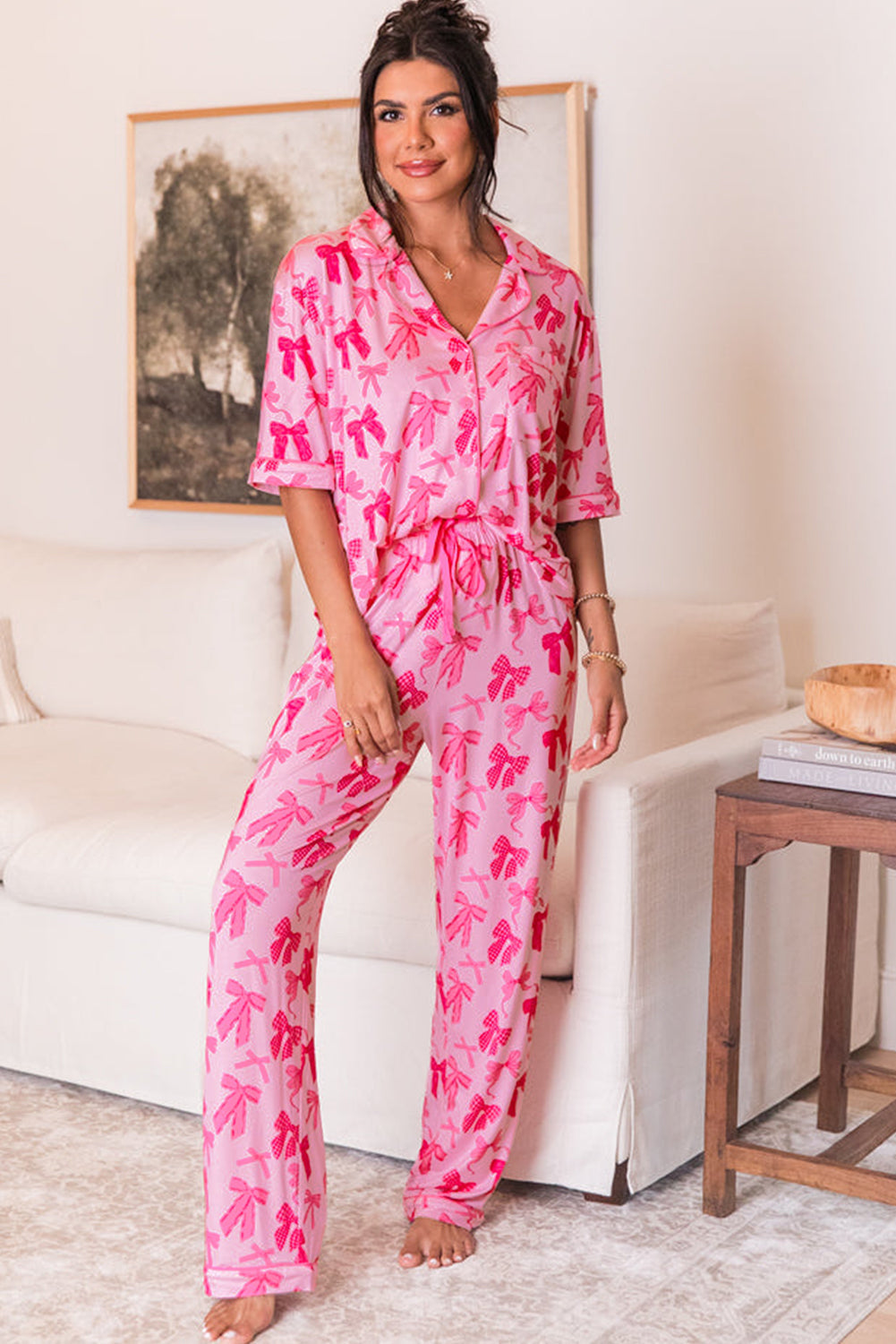 Cutie Bow Print Short Sleeve and Pants Pajamas Set Daisie Boutique