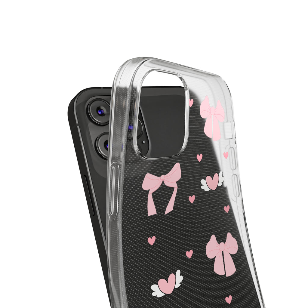 Cute Pink Bow Soft Phone Case | Stylish Heart & Wing Design